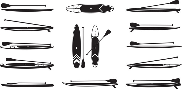 Collection of various paddleboard and oar illustrations in black