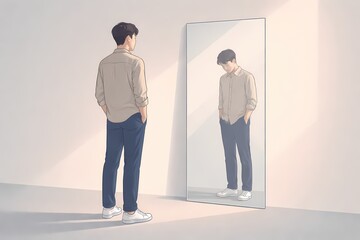 Fototapeta premium A man stands before a mirror while his reflection looks down, symbolizing inner conflict, insecurity, social pressure, and the gap between appearance and reality.
