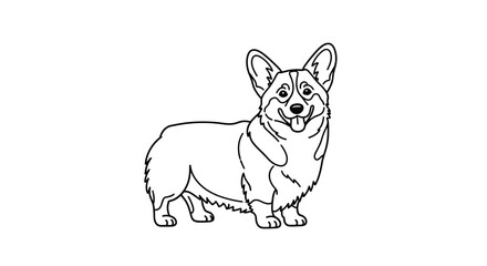 Cute Corgi Dog Line Art Drawing: Adorable Pembroke Welsh Corgi Standing, Simple Black and White Illustration