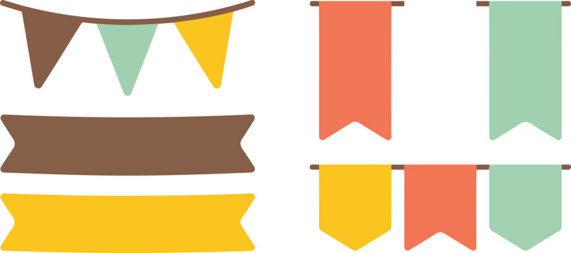Colorful ribbon banners and bunting flags flat vector set featuring decorative labels and festive elements isolated on white background