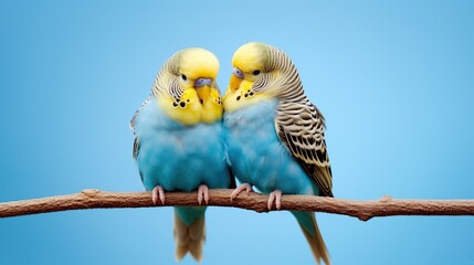 Fototapeta premium Two Blue-and-Gold Macaws Perched on a Branch Against a Bright Blue Gradient