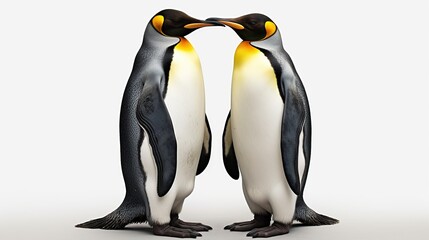 Obraz premium Two Emperor Penguin Adults Touch Beaks in a Tender Paired Pose Against a White Studio Background