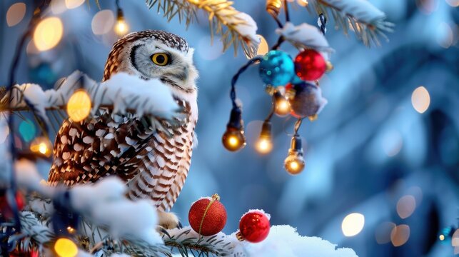Majestic Owl Perched on Snowy Pine Branch Surrounded by Colorful Decorations and Warm Holiday Lights