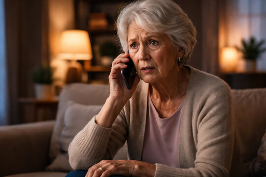 An elderly woman looking distressed while talking on the phone. The setting appears to be a cozy living room, hinting at a moment of personal concern or worry.