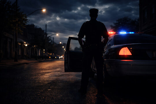 A police officer stands vigilantly near his patrol car on a dark night, with a car's lights flashing in the background.
