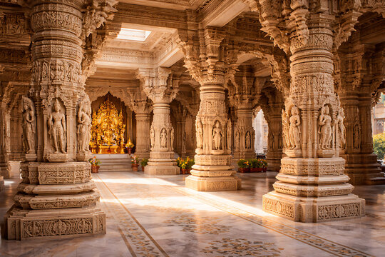 A majestic temple with ornate columns and intricate carvings, bathed in sunlight. The pillars and arches create a sense of grandeur and historical significance