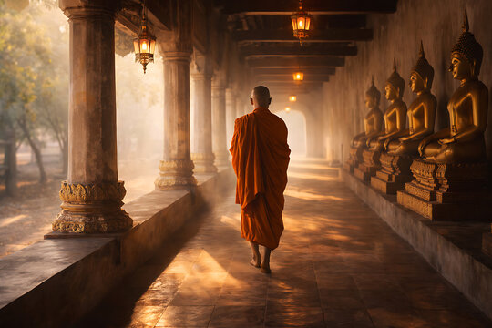 A monk in orange robe walking the walkway inside the temple with many Buddha statues in an ancient temple. The scene exudes a sense of peace and spirituality.