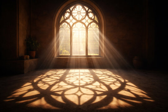 Sunlight streaming through a gothic window casting intricate shadows on the floor. The architectural details, coupled with the play of light and shadow, create a serene atmosphere