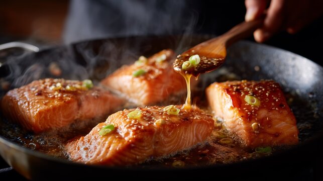 Close-up of teriyaki salmon cooking in a skillet, garnished with sesame seeds and scallions, showcasing a flavorful process.