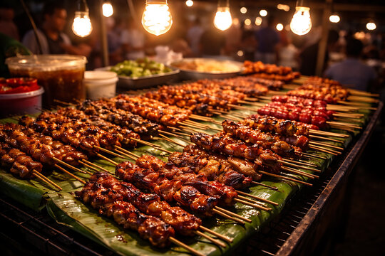 A diverse assortment of grilled skewers illuminated by overhead lights at a night market