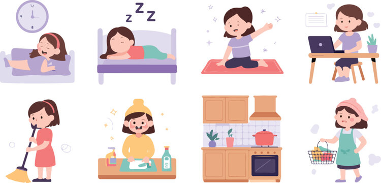 Girl daily routine character vector set featuring morning activities, cleaning, cooking, studying, and healthy lifestyle tasks in flat cartoon style
