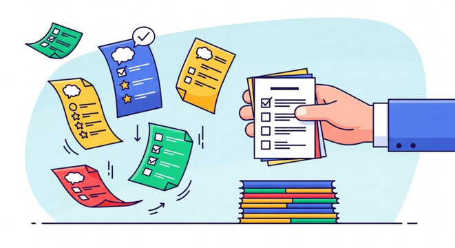 Hand holding paperwork with floating documents and organized files in background representing office work and document management