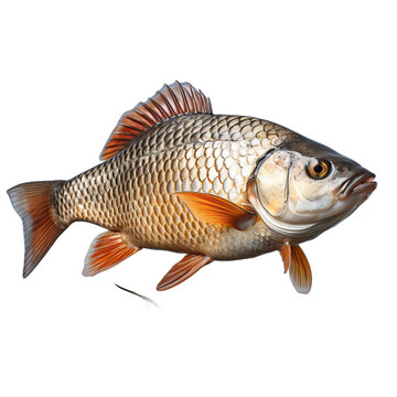 Close-up image of a common carp with golden scales and orange fins against a plain background