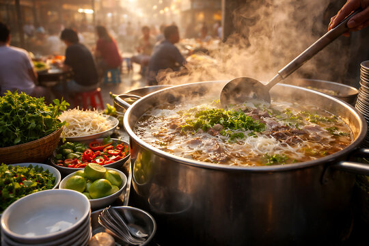 Street Food Delight: A Culinary Scene with Steaming Dishes