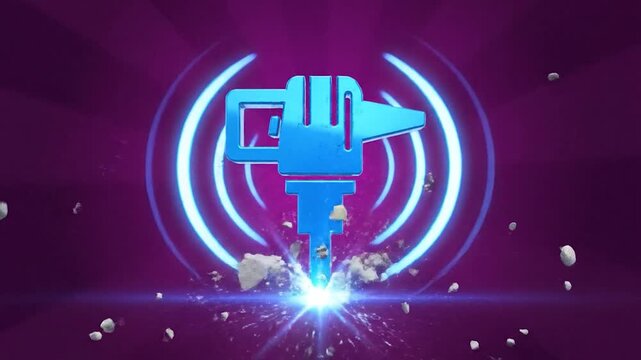 Blue construction jackhammer icon with sound waves and debris.