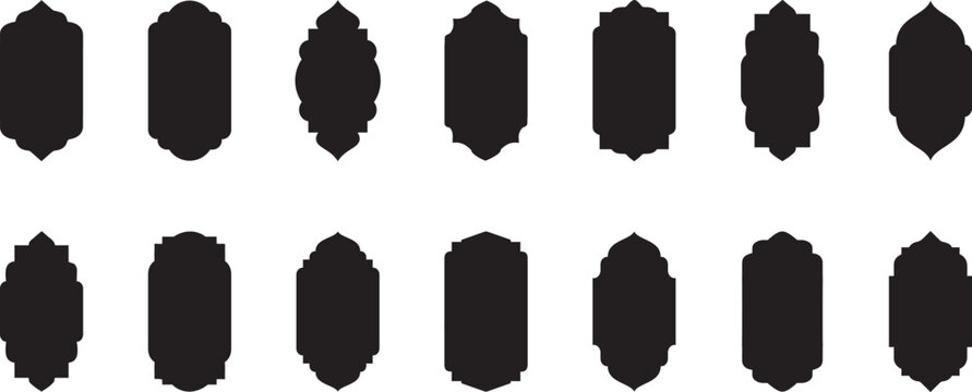 Islamic door set, flat arabic frames or arabian arches silhouette.