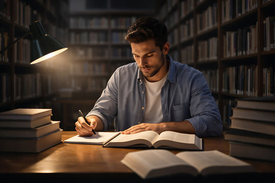 A studious man diligently writing in a dimly lit library surrounded by books. He is engrossed in his work.