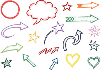 A collection of hand-drawn shapes including arrows, stars, speech bubbles, and hearts.
