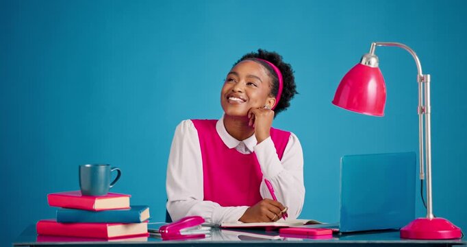 Happy, student and woman with ideas, studio and study for assignment with laptop, think or education. Blue background, reflection and black person with tech for exam preparation, smile and learning