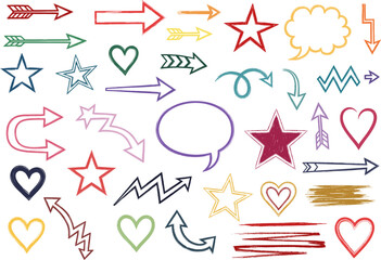 A collection of hand-drawn arrows, stars, hearts, and speech bubbles in various colors.