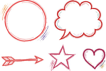 Hand-Drawn Shapes: Circle, Speech Bubble, Arrow, Star, and Heart, in a Red and White Design.