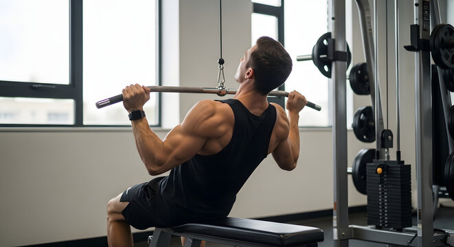 A muscular man in a black tank top performing a lat pulldown exercise on a cable machine in a modern gym with large windows.