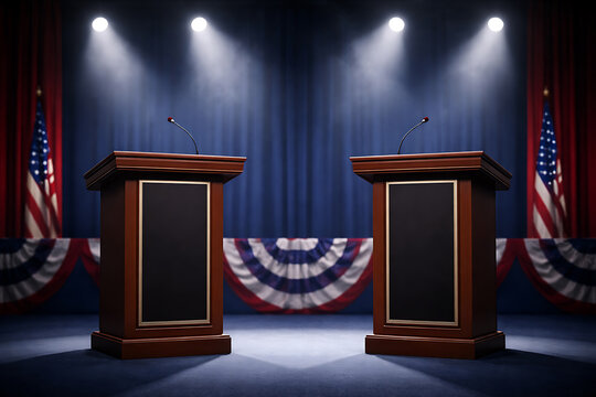 Empty podiums and flags set the stage for a critical discussion