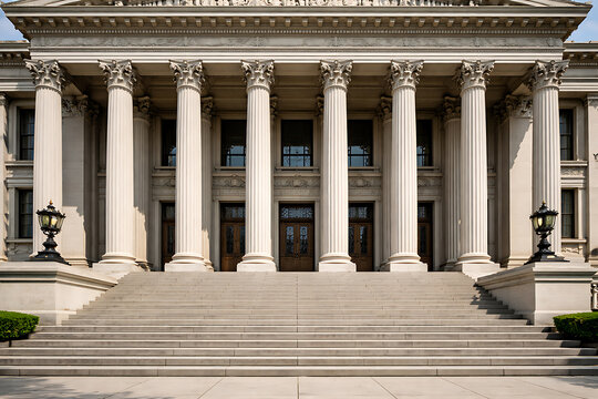 A grand building entrance with towering columns and a staircase leading up to the doors. The facade showcases classical architectural elements.