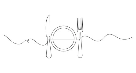 Knife fork and plate continuous one line drawing minimalist outline illustration © LemonDesigner