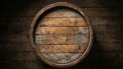 Fototapeta premium Aged wooden barrel front on rustic wooden planks background, rustic texture