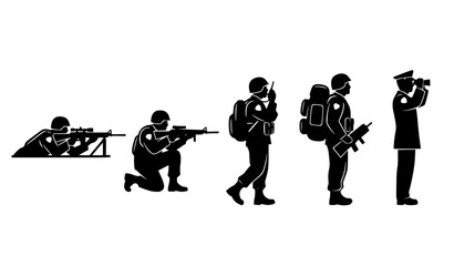 Minimal Military Soldier Silhouette Icon Set Vector Isolated on White Background