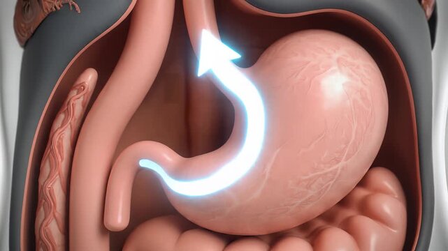 Human Stomach Anatomy with Glowing Arrows Illustrating Digestive Flow.