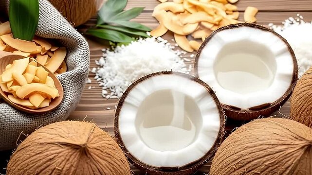 A visually rich overhead shot displays a vibrant collection of coconuts in various forms arranged on a rustic wooden surface. Whole coconuts sit alongside halves revealing pristine white flesh and cle