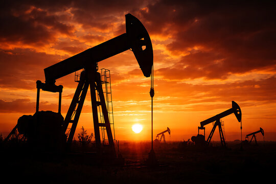 Silhouette of oil pumps against a dramatic sunset
