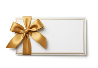 Fototapeta premium Elegant rectangular white gift card with golden satin bow on corner, luxurious blank voucher mockup perfect for presents, promotions, branding and celebrations 