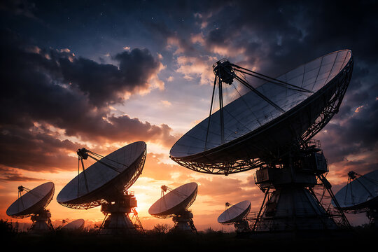 Satellite dishes silhouetted against a dramatic sunset, transmitting and receiving signals across vast distances. The scene evokes a sense of advanced technology, communication, and exploration