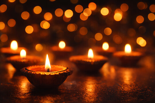 Lit candles create a warm and serene ambiance with blurred background. These glowing flames cast a beautiful light over the scene.