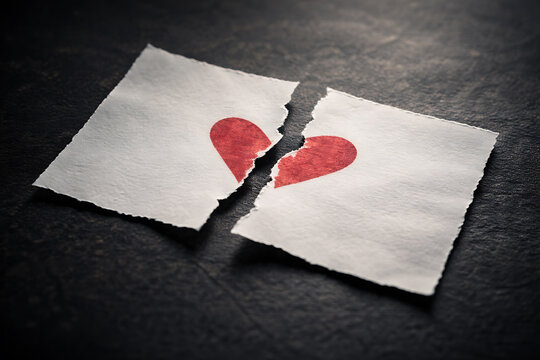 A torn paper with a heart, symbolizing heartbreak, and sadness. The pieces of paper are separated, representing the end of a relationship