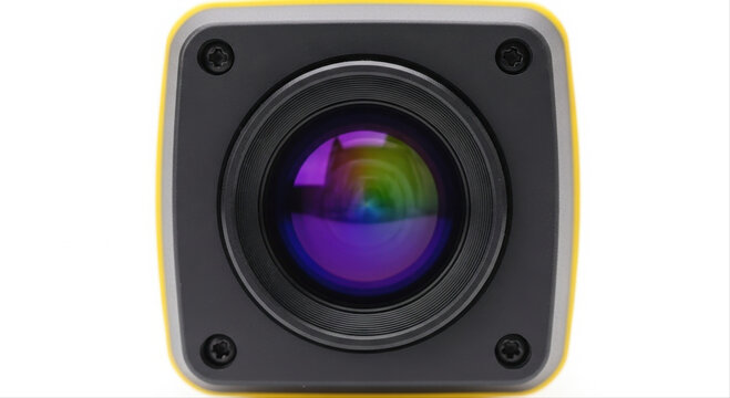Close-up of a thermal detector with a colorful lens, isolated on a white background, showcasing its modern design and precise engineering details