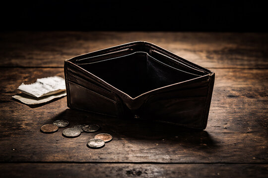 An Empty Wallet on a Rustic Wooden Surface, Representing Financial Hardship