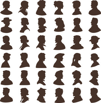 Large collection of vintage profile silhouettes, Victorian style male and female portrait headshots on white background (18 words)