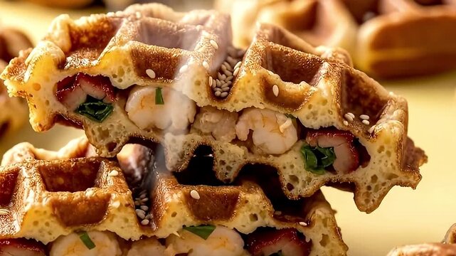A visually stunning close-up highlights two golden-brown, crispy waffles, expertly cut open to reveal a delicious and unique savory filling. Inside, plump white pieces of succulent seafood mingle with