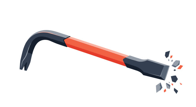 Heavy duty red and black crowbar being used to break stone or concrete with debris flying out from the impact.