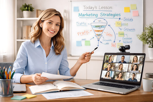 An educator presenting a marketing strategies lesson online using laptop