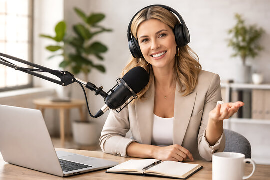 A woman is recording a podcast with a microphone and headphones, looking at the camera with a friendly smile