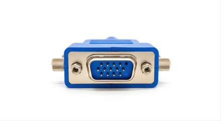 Obraz premium Blue VGA adapter with metal connectors isolated on white background, showcasing electronic interface design and durable construction