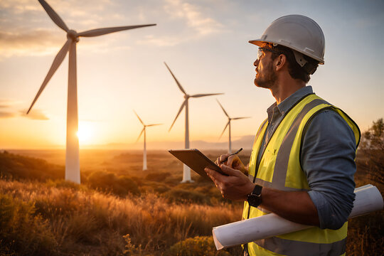An engineer inspects a field of wind turbines with the sunset in the background.