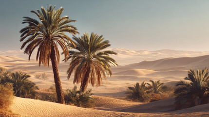 A serene desert landscape with palm trees standing tall in the sandy dunes