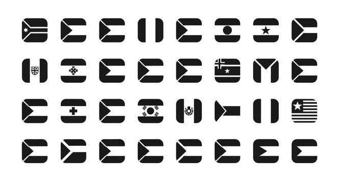 Collection of International Flags Icons - Black and White Square Design