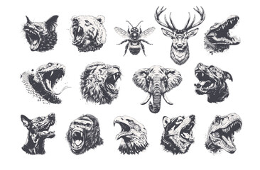 Fototapeta premium Fierce wild animal heads set, hand drawn engraved style illustrations for apparel and tattoo design.